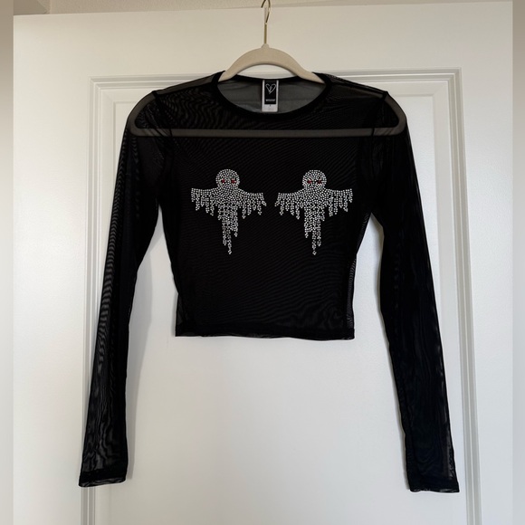 Windsor Tops - Windsor Black Mesh Long Sleeve Top with Ghost Rhinestone Design